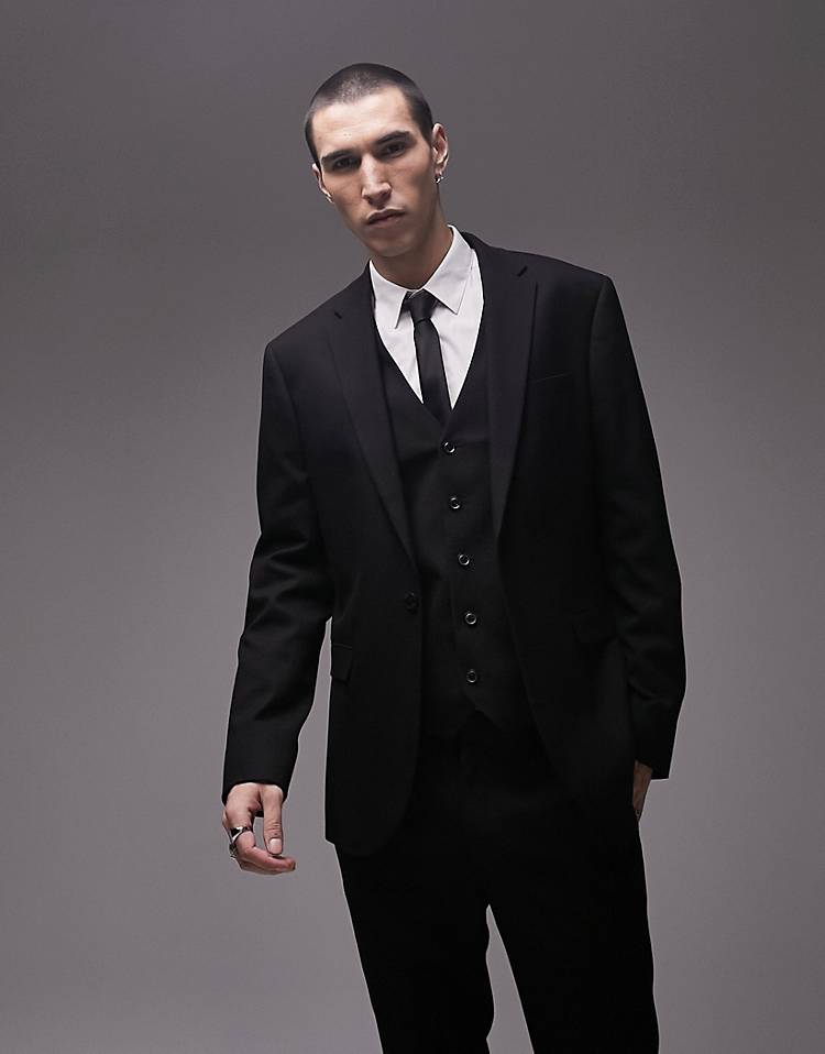 Topman skinny 3 piece suit in black